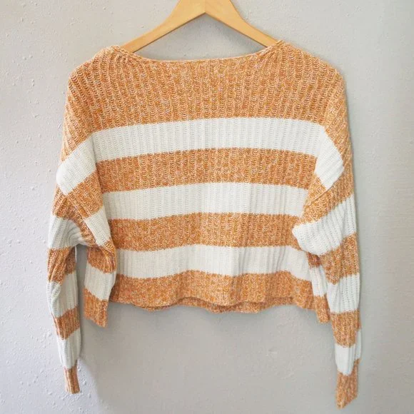 American Eagle Boxy Super Soft Cropped Henley Sweater Yellow White Stripes S - Picture 3 of 6